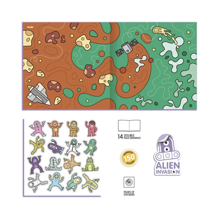 Cuaderno con adhesivos para colorear 'Alien invasion'