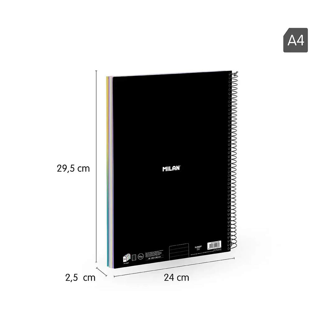 Cuaderno A4 con espiral y tapa dura, papel a líneas, 120 hojas de 95 gr/m², colección Sunset
