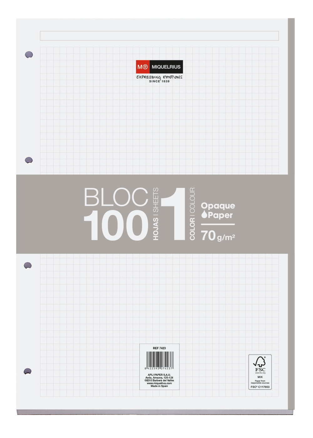 Bloc Recambio A4 Cuadrícula 100 Hojas 1 Color Miquelrius Gris