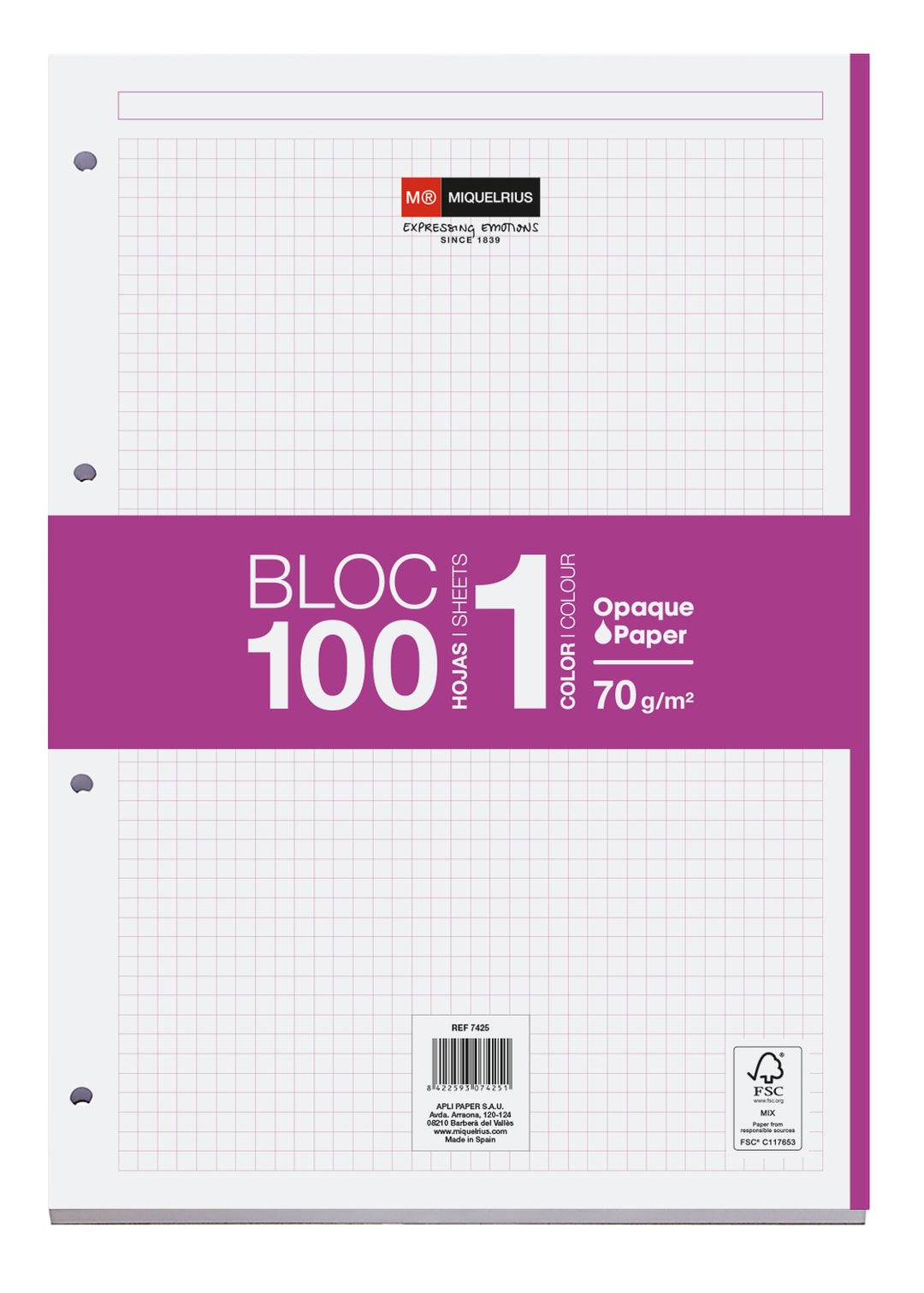 Bloc Recambio A4 Cuadrícula 100 Hojas 1 Color Miquelrius Fucsia