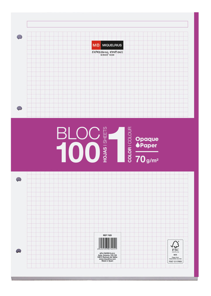 Bloc Recambio A4 Cuadrícula 100 Hojas 1 Color Miquelrius Fucsia