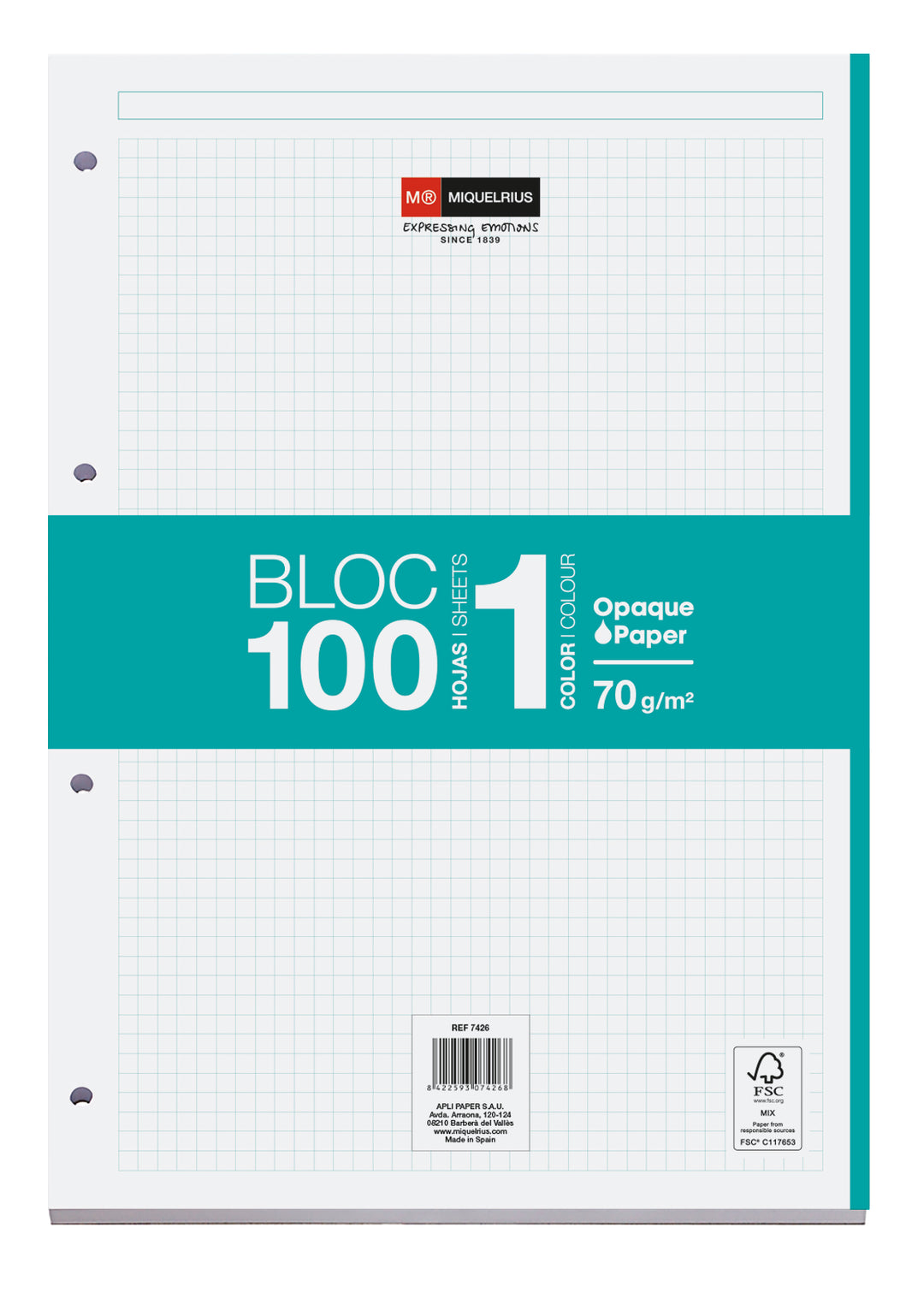 Bloc Recambio A4 Cuadrícula 100 Hojas 1 Color Miquelrius Turquesa