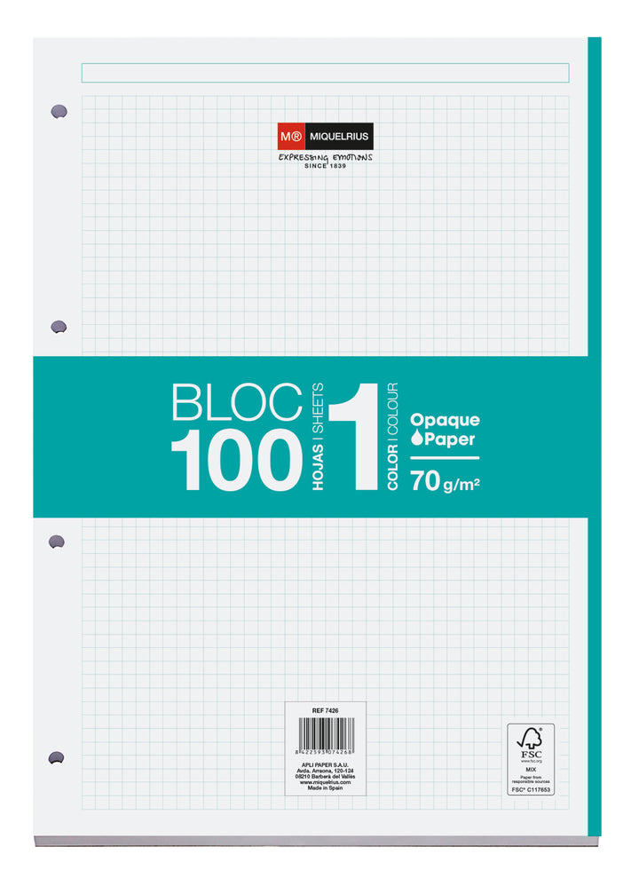 Bloc Recambio A4 Cuadrícula 100 Hojas 1 Color Miquelrius Turquesa