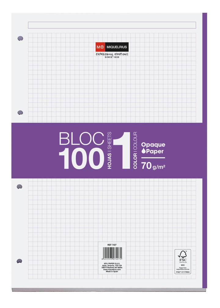 Bloc Recambio A4 Cuadrícula 100 Hojas 1 Color Miquelrius Violeta