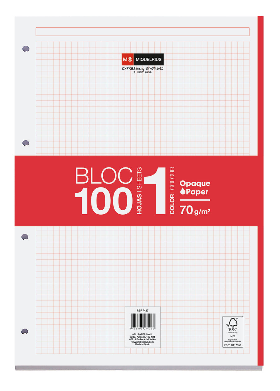 Bloc Recambio A4 Cuadrícula 100 Hojas 1 Color Miquelrius Rojo