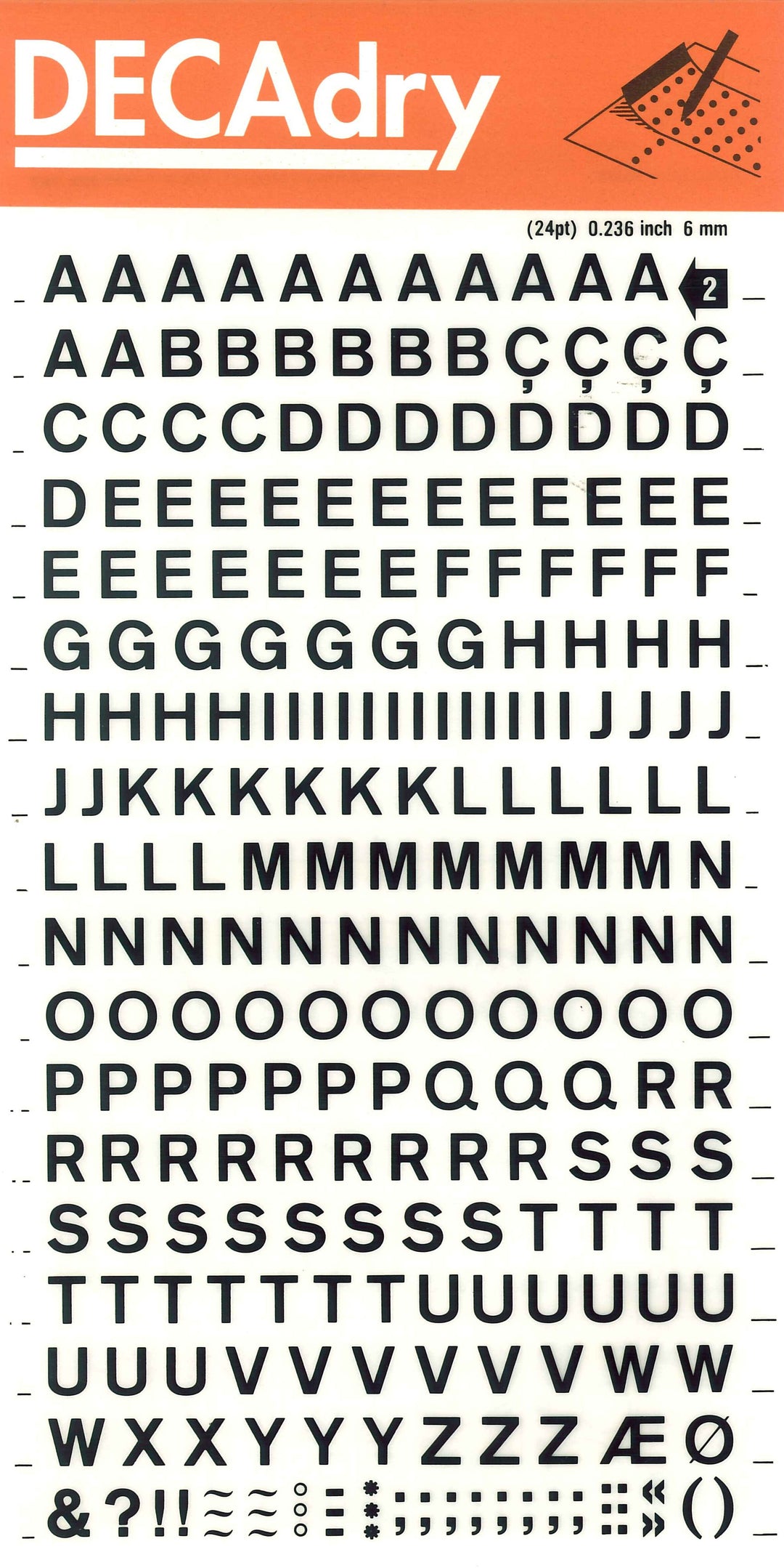 Letras transferibles mayúsculas negras 6 mm 258 caracteres