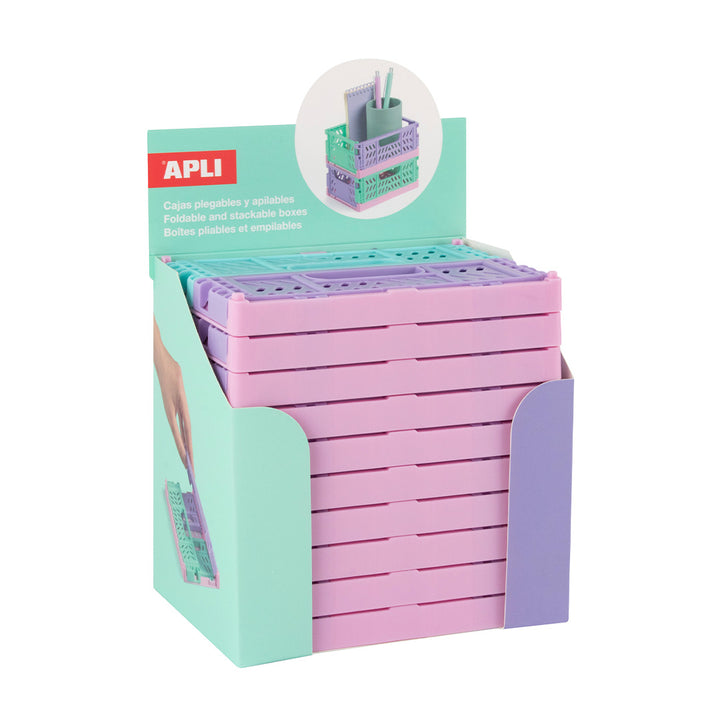 Cajas plegables y apilables tricolor de base rosa