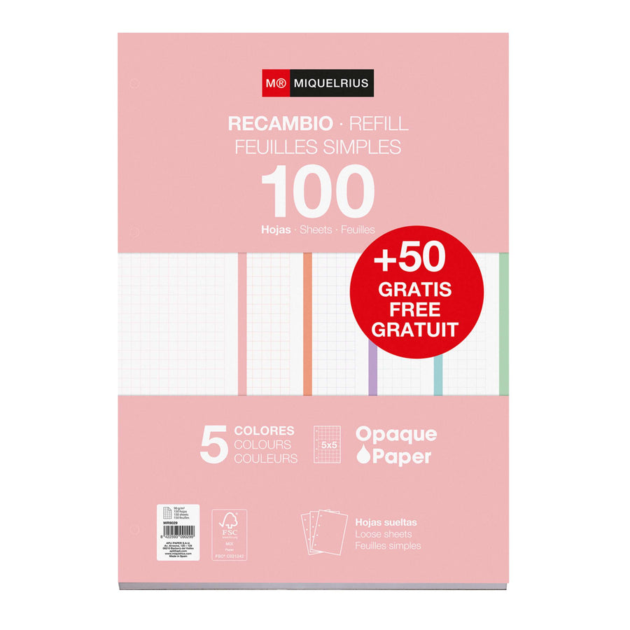 Recambio NB5 A4 100+50 CLA 90G 4 taladros colores pastel
