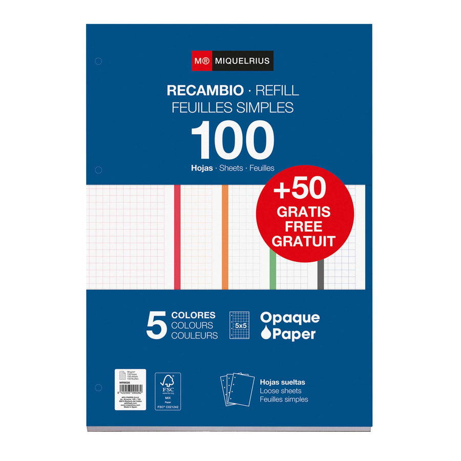 Recambio NB5 A4 100+50 CLA 90G 4 taladros colores intensos